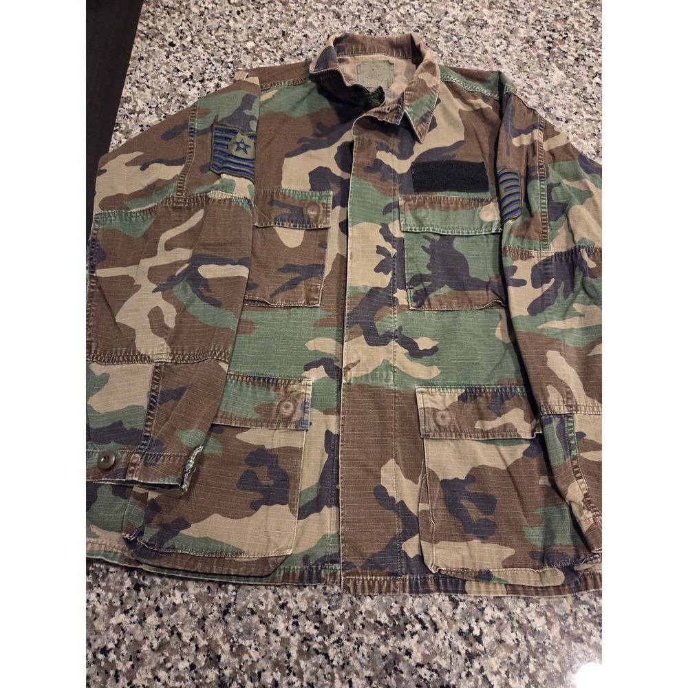US Military Air Force Woodland Camo BDU Ripstop Jacket Medium Regular USAF Rank